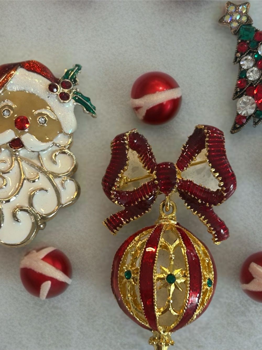 Three Christmas Pins Santa, Christmas Tree, and Ornament